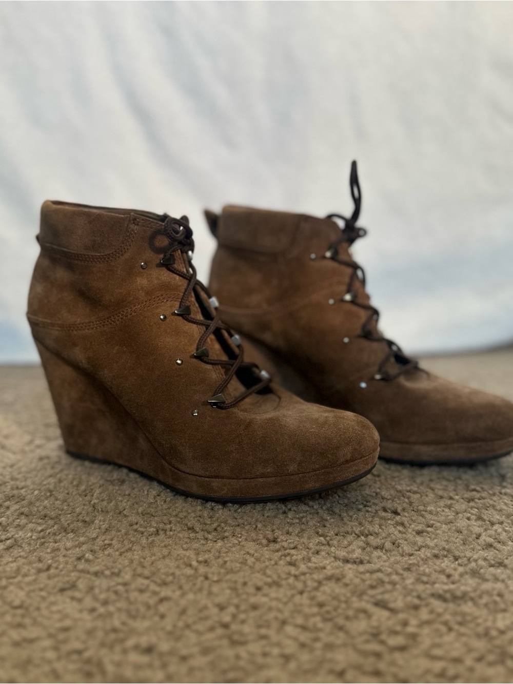 Via Spiga Brown Suede Lace-Up Wedge Booties
